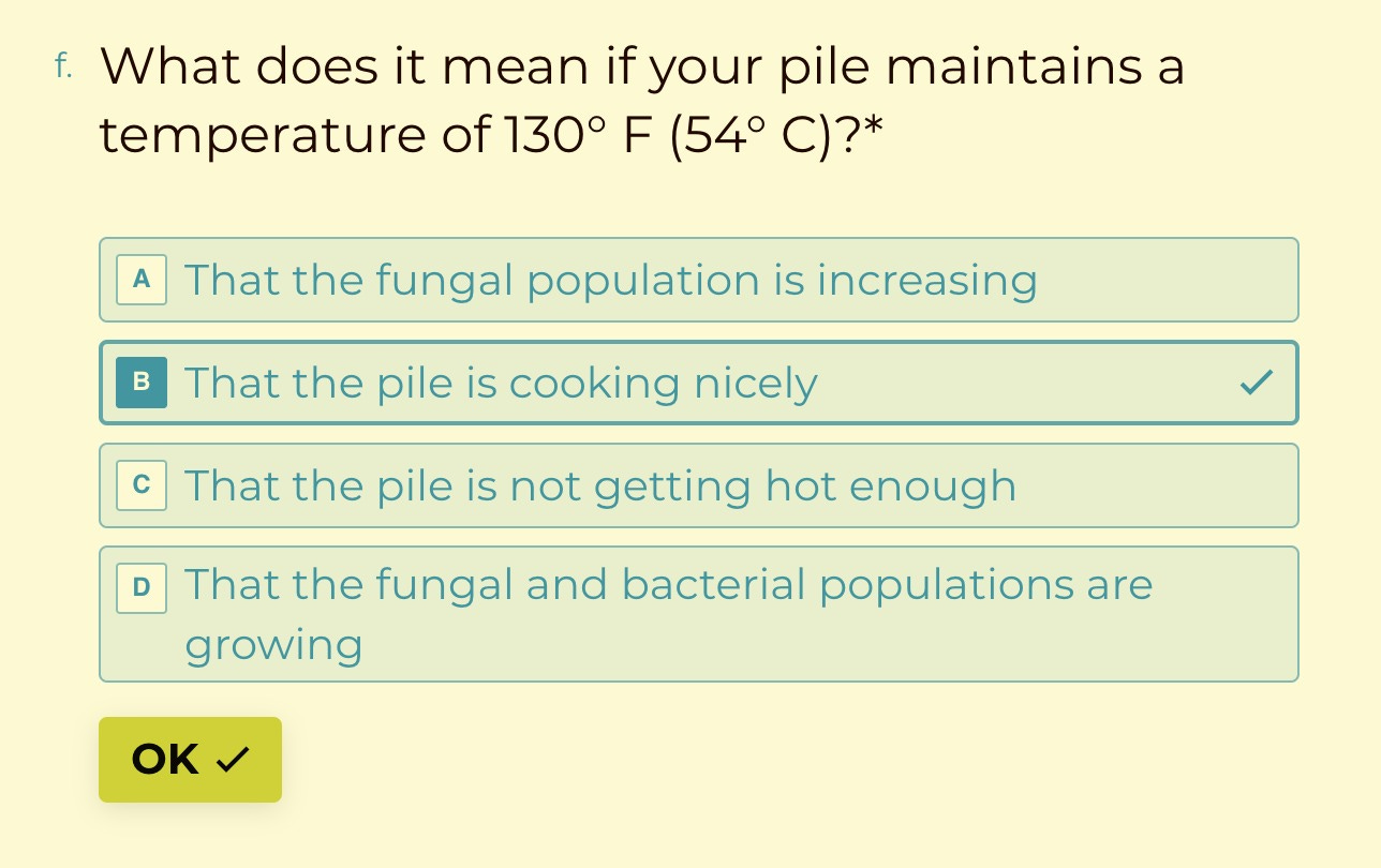 What does it mean if your pile maintains a temperature of 130° F (54° C)?* That the fungal population is increasing B That the pile is cooking nicely c That the pile is not getting hot enough That the fungal and bacterial populations are growing