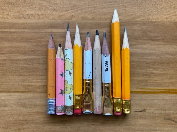Nine stubby pencils in a row.
