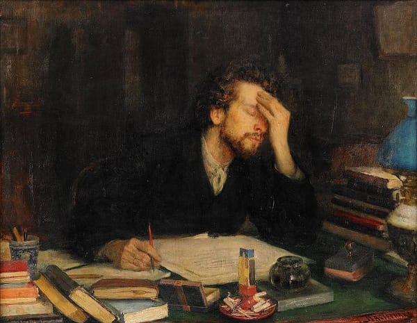An old painting of a man with his head in his hand, trying to write something. 
